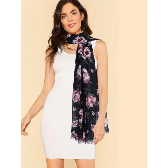 Women Black Fashion Flowers Print Scarves Winter Head Shawl Cotton Wrap - Picture 4 of 9